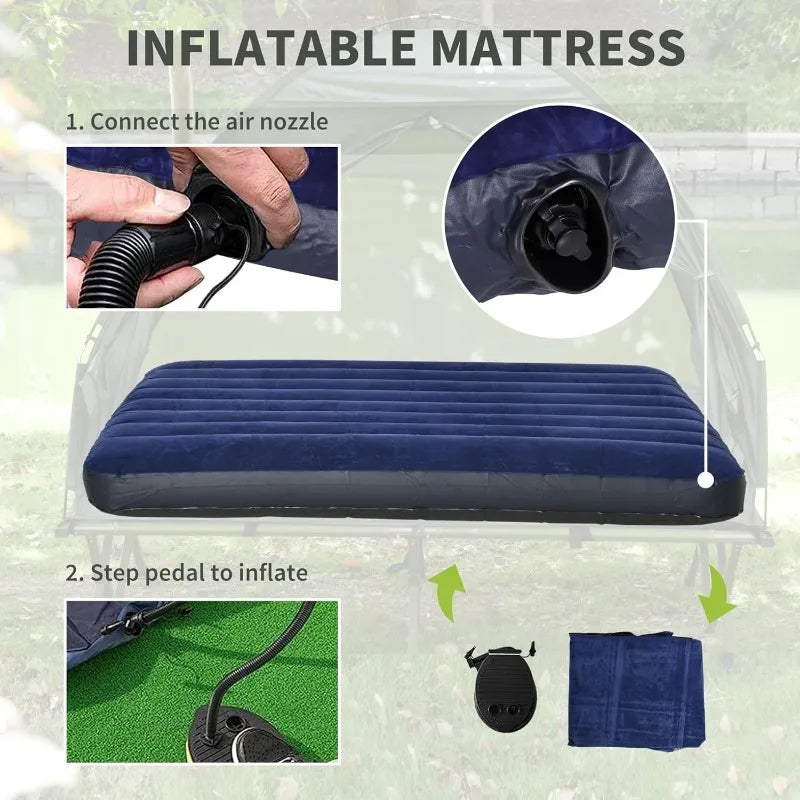 Outsunny 2 Person Foldable Camping Cot with Tent Bedspread and Thick Air Mattress 4 in 1 Elevated Camping Bed Tent