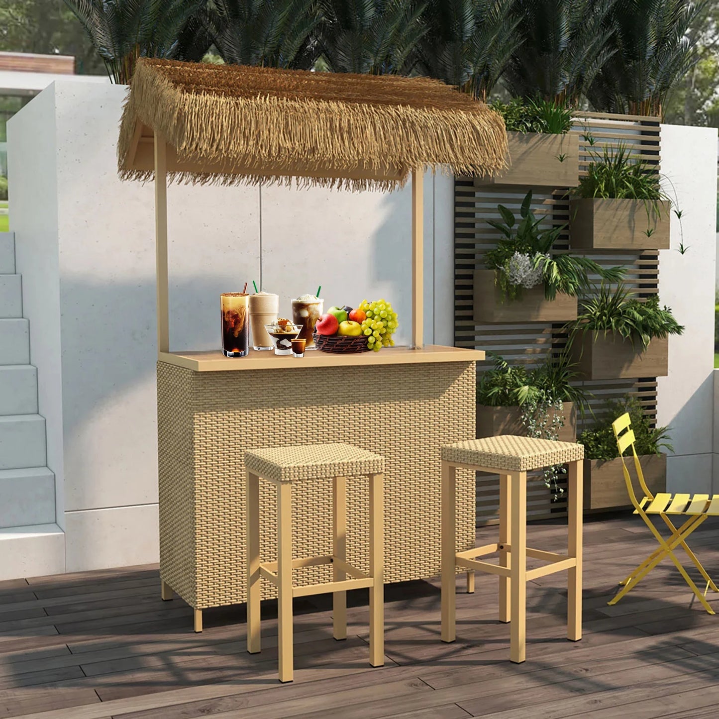 Outdoor Tiki Bar Set with Widen Ceramic Top 42 Inch W Phuket 3 Piece Wicker Islander Tiki Bar and 2 Stools Garden Storage