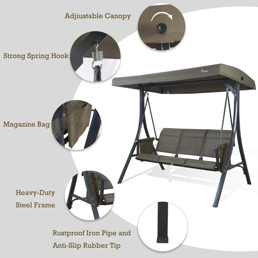 Brenda 3 Seat Patio Swing Chair Outdoor Porch Swing Glider with Adjustable Canopy Side Pouches Breathable Seat and Back