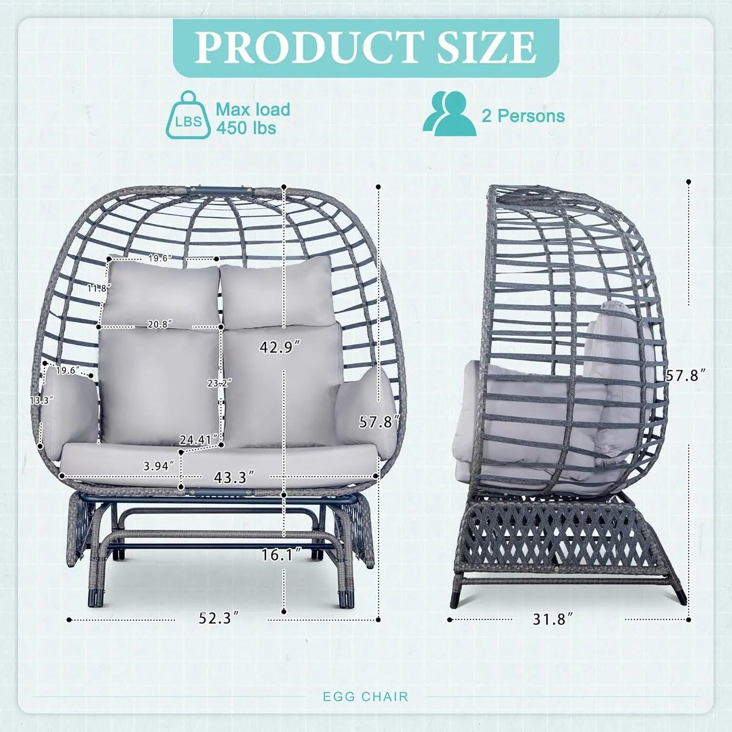 Outdoor Double Egg Chair Patio Chairs - 500lbs Capacity for 2 Person, Oversized Wicker Rocking Glider Chair with Steel Stand,