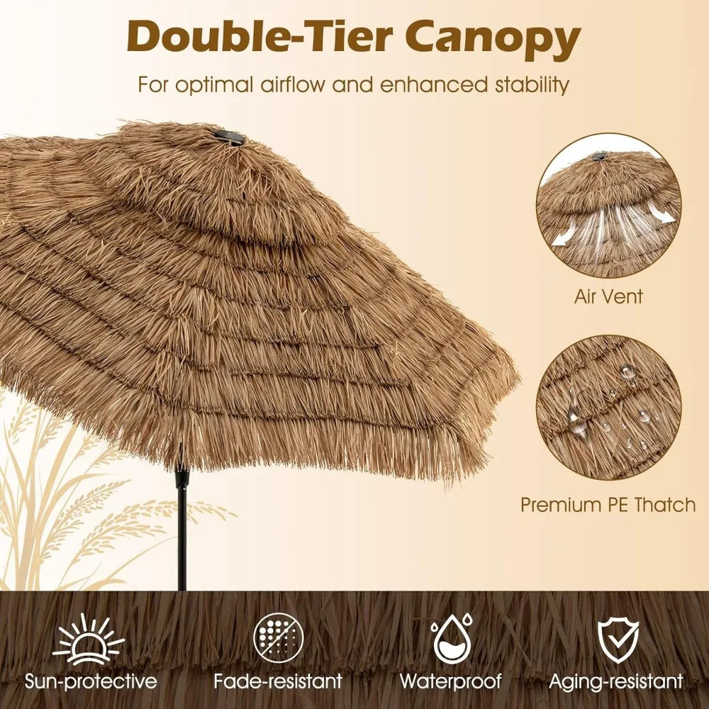 10 Ft Thatched Patio Umbrella Two Tier Hawaiian Style Grass Beach Umbrella with 32 LED Lights Center Light Solar Tiki Umbrella