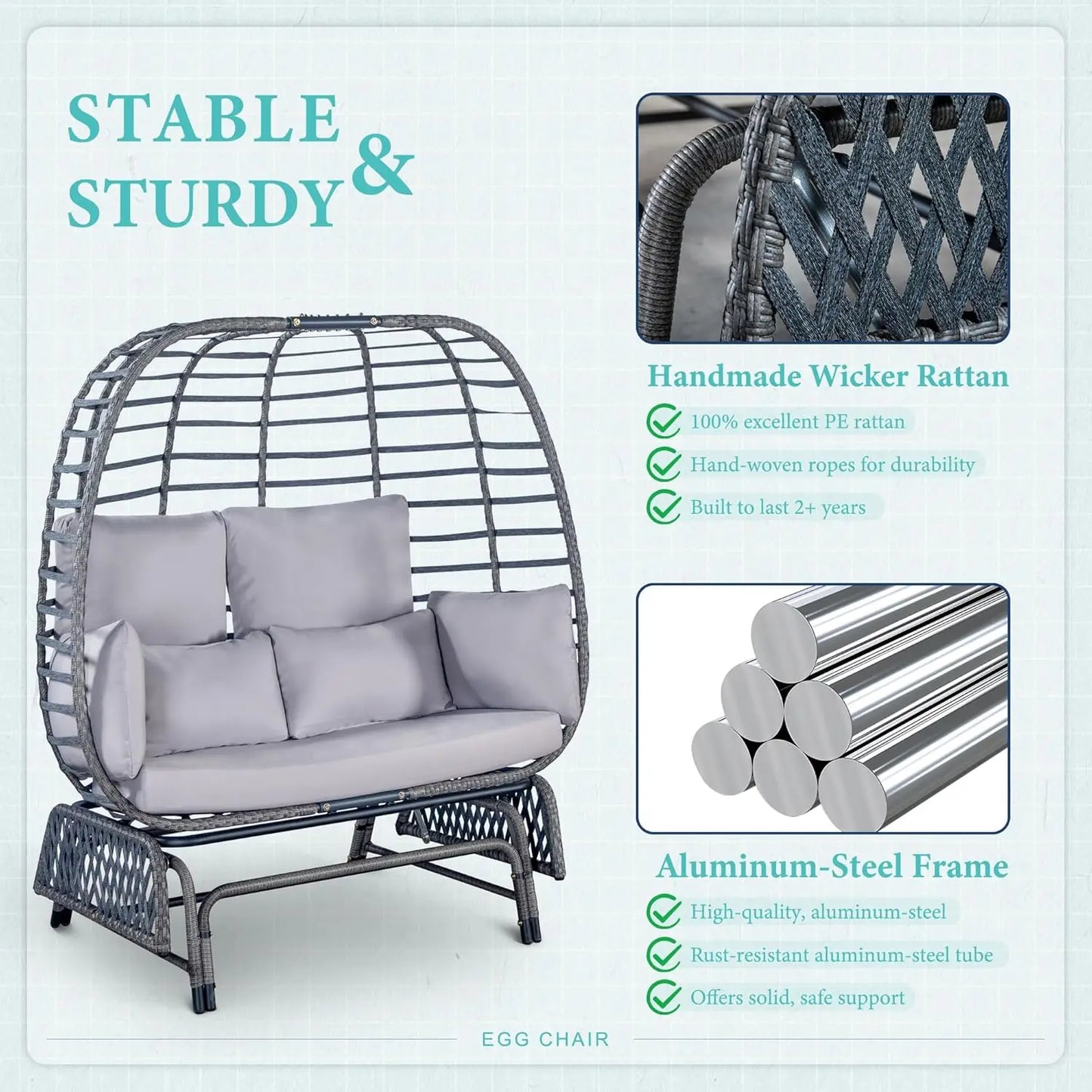 Outdoor Double Egg Chair Patio Chairs - 500lbs Capacity for 2 Person, Oversized Wicker Rocking Glider Chair with Steel Stand,