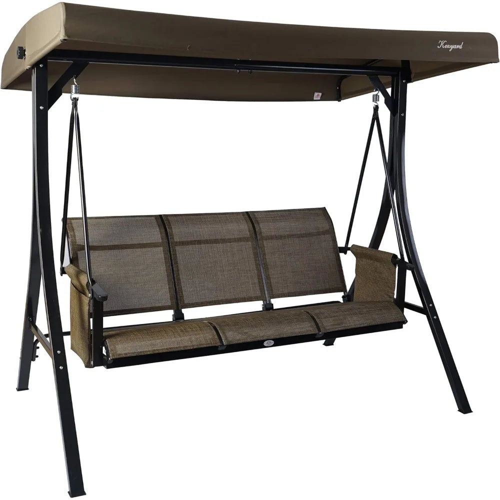 Brenda 3 Seat Patio Swing Chair Outdoor Porch Swing Glider with Adjustable Canopy Side Pouches Breathable Seat and Back