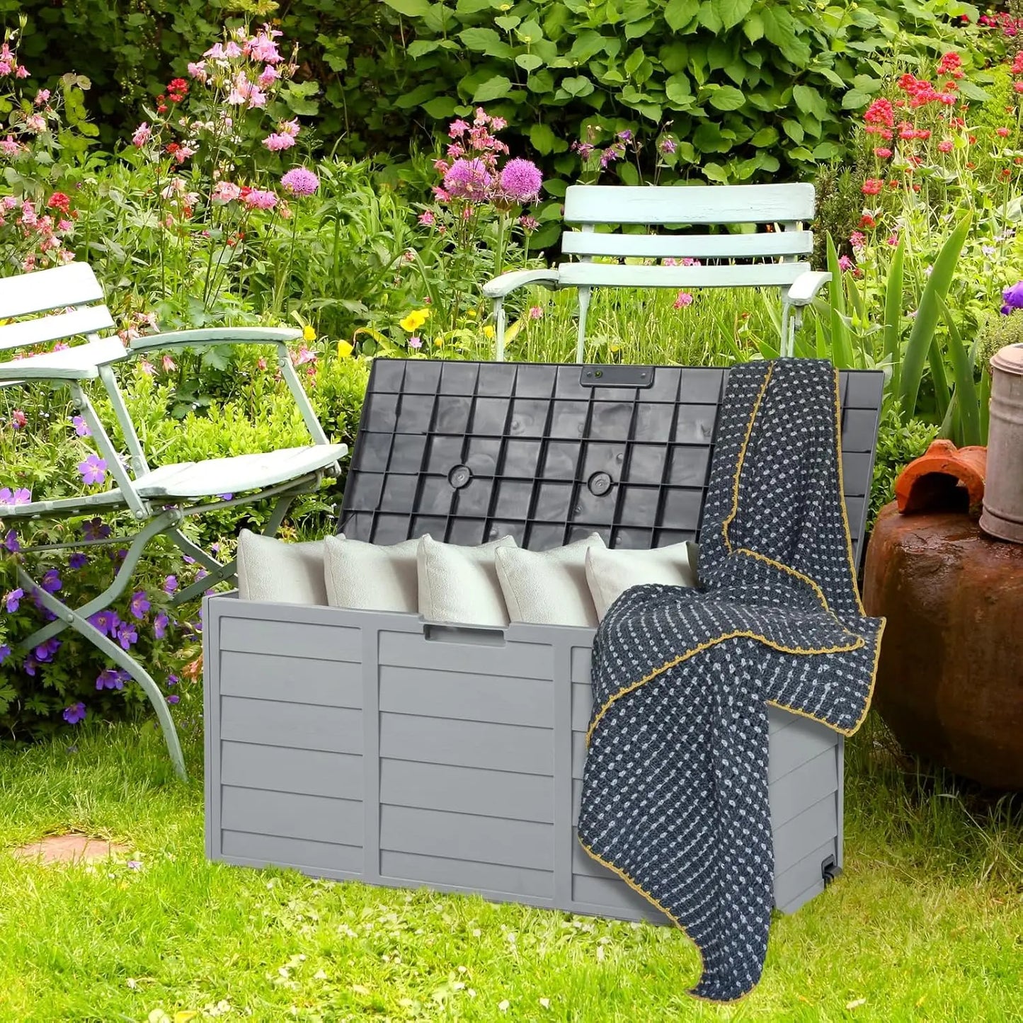 Upgraded 75 Gallon Outdoor Storage Box, Lockable Plastic Storage Containers with Lid, Patio Deck Box Furniture for Garden