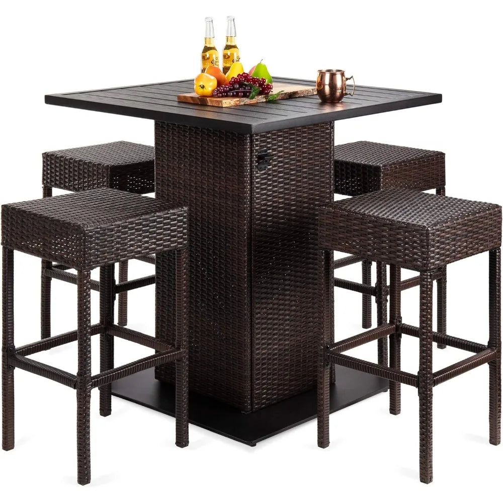 5 Piece Outdoor Wicker Bar Table Set for Patio Poolside and Backyard with Built in Bottle Opener Hidden Storage Shelf and Metal Table