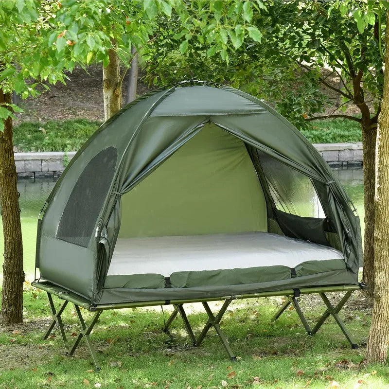 Outsunny 2 Person Foldable Camping Cot with Tent Bedspread and Thick Air Mattress 4 in 1 Elevated Camping Bed Tent