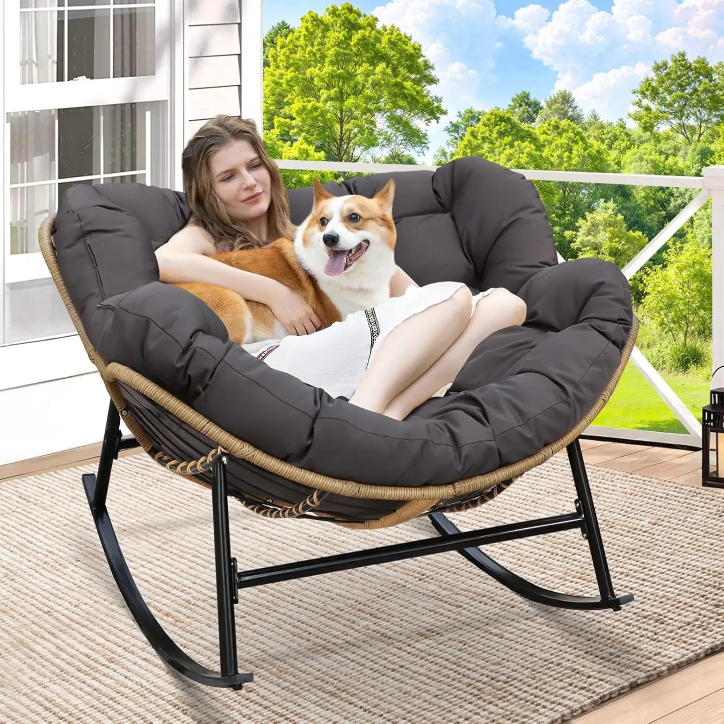 Rocking Egg Chair Indoor Outdoor Oversized Lounge Chair Wicker Papasan Rocker with Water Resistant Cushion Cover Dark Grey 450