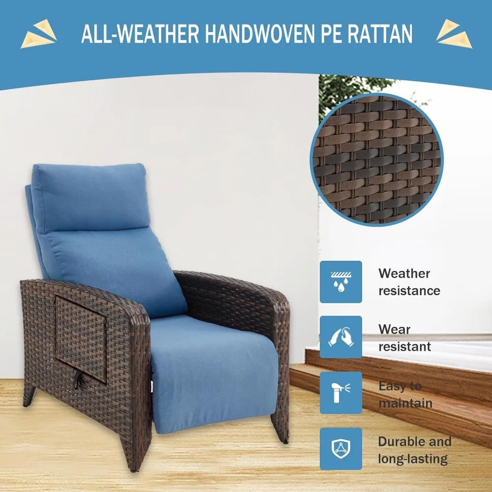 Upgraded Outdoor Recliner Chair Adjustable Back Reclining Patio Chairs Lay Flat Extended Footrest Wicker Rattan Metal