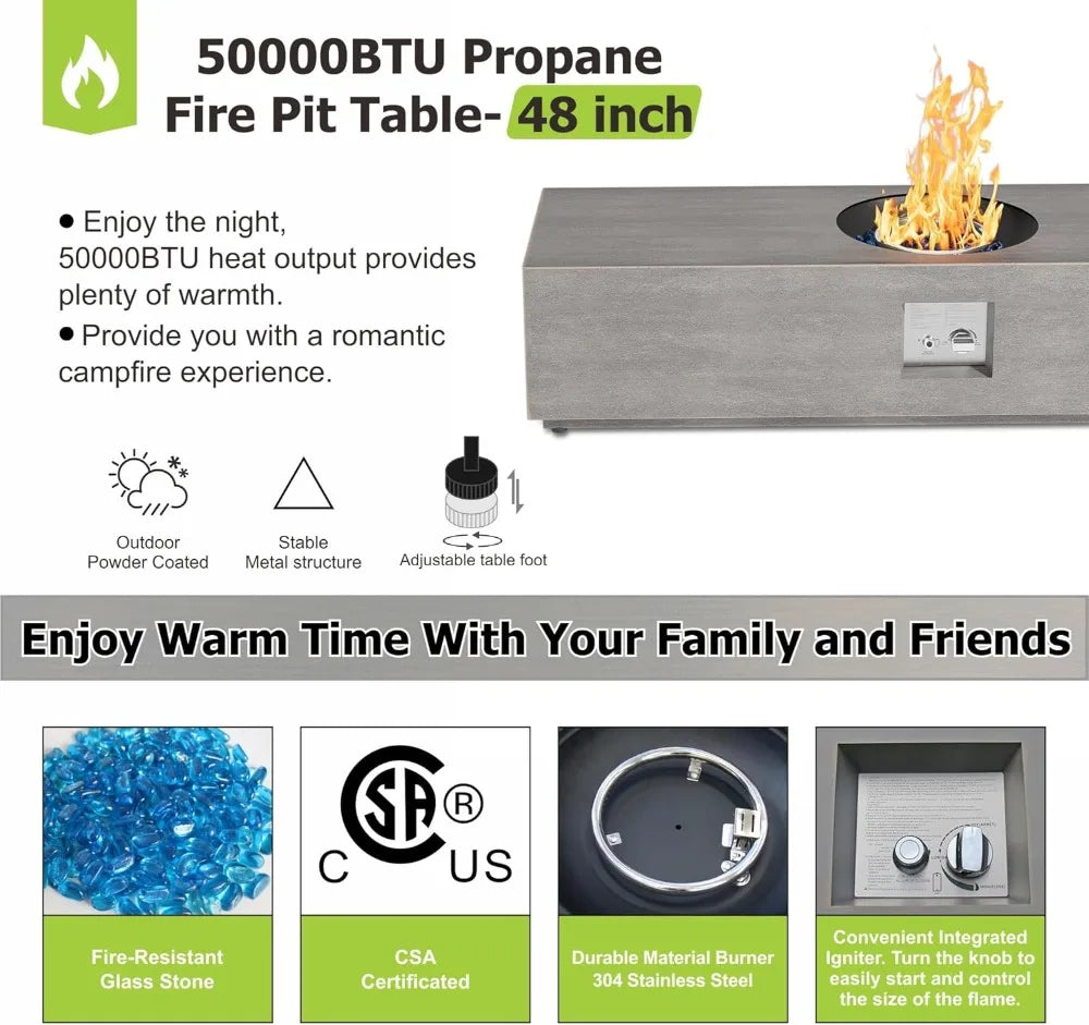 Propane Fire Pit Table Outdoor Gas Firepit 48 Inch Rectangular Patio Firepit Table for Outside