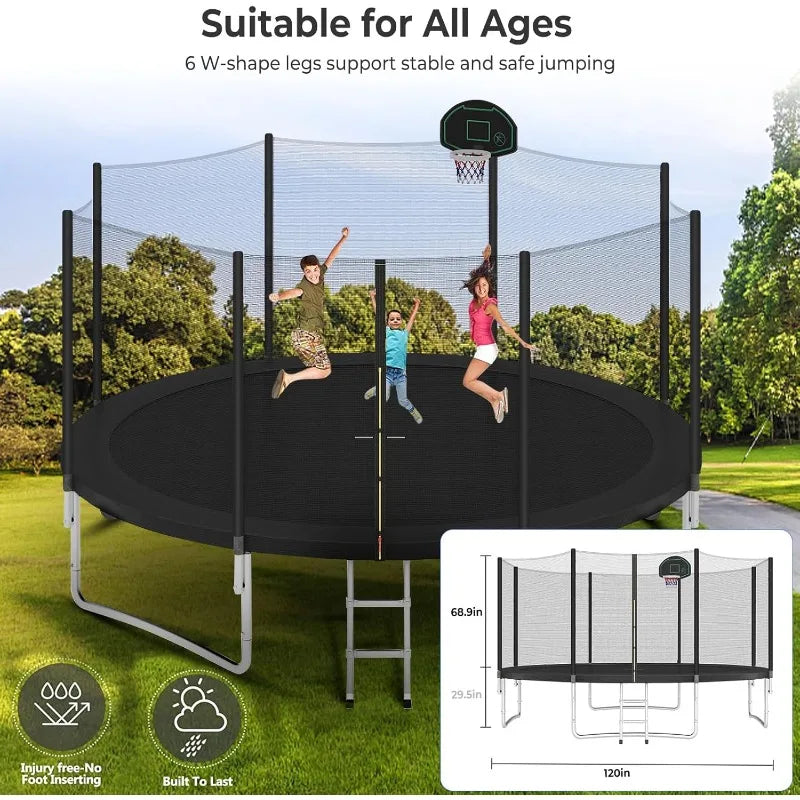 Upgraded 10 12 14 15 16FT Outdoor Trampoline for Kids with Lights Stakes and Sprinkler Backyard Use