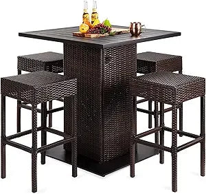 5 Piece Outdoor Wicker Bar Table Set for Patio Poolside and Backyard with Built in Bottle Opener Hidden Storage Shelf and Metal Table