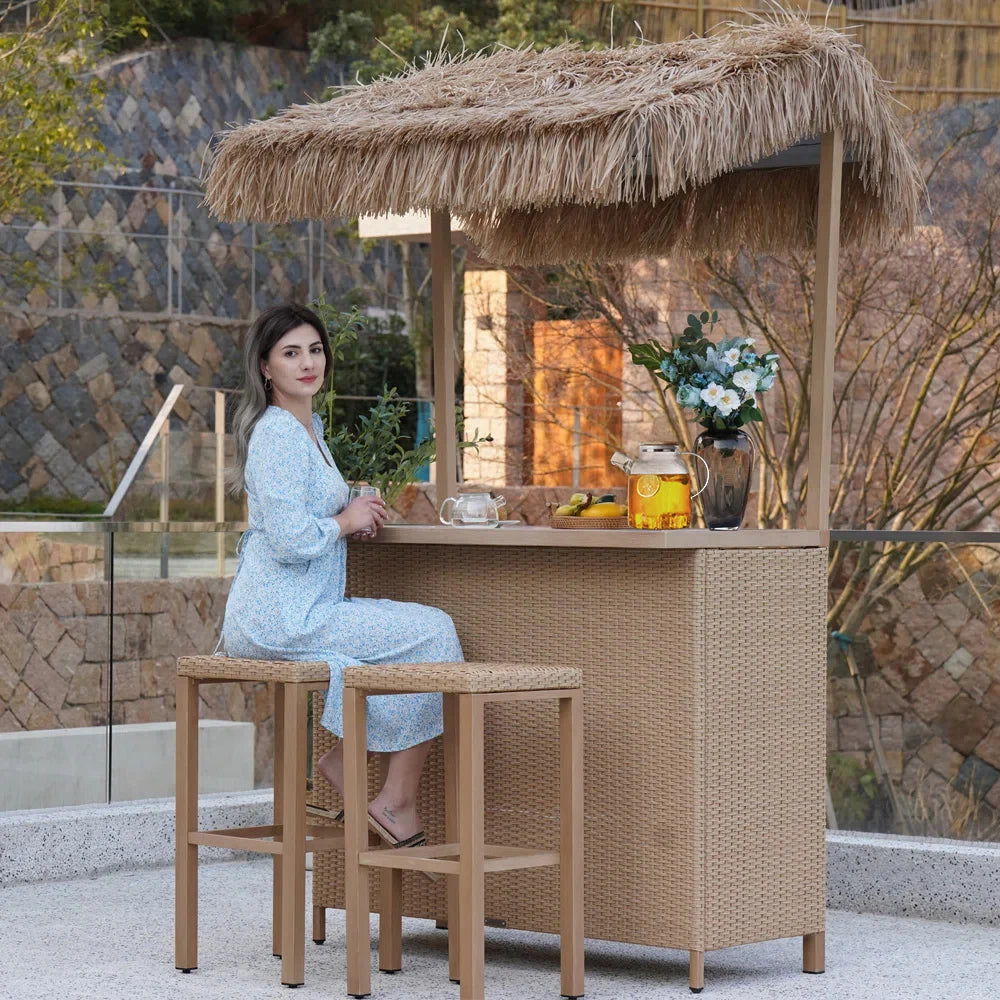 Outdoor Tiki Bar Set with Widen Ceramic Top 42 Inch W Phuket 3 Piece Wicker Islander Tiki Bar and 2 Stools Garden Storage