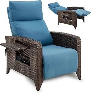 Upgraded Outdoor Recliner Chair Adjustable Back Reclining Patio Chairs Lay Flat Extended Footrest Wicker Rattan Metal
