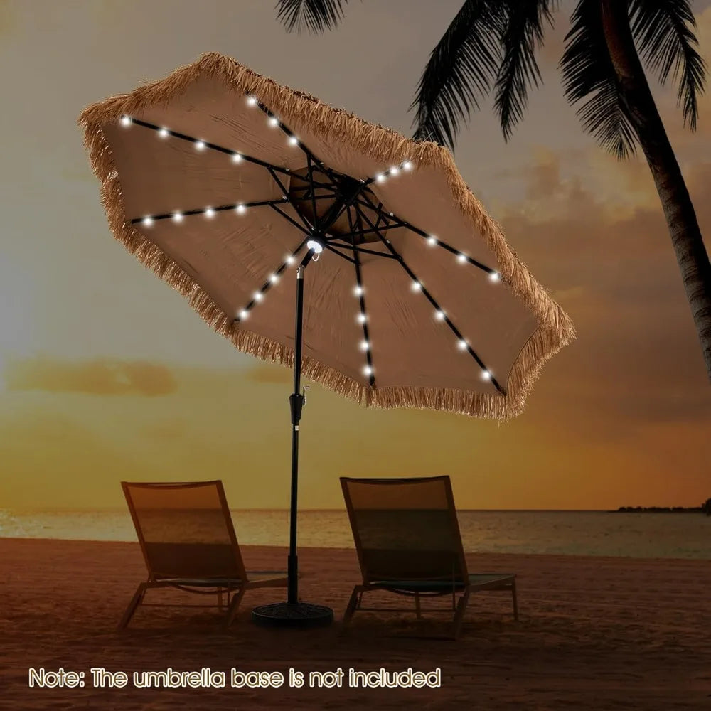 10 Ft Thatched Patio Umbrella Two Tier Hawaiian Style Grass Beach Umbrella with 32 LED Lights Center Light Solar Tiki Umbrella