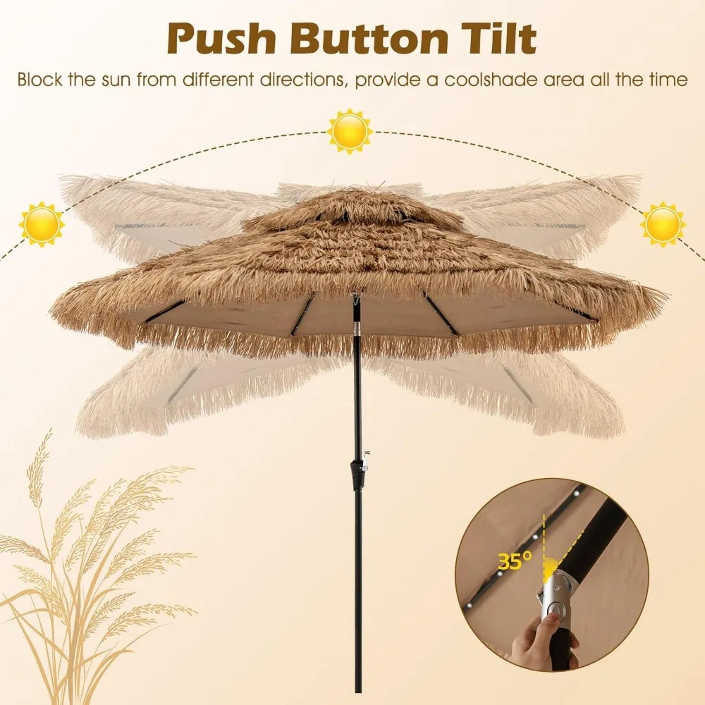 10 Ft Thatched Patio Umbrella Two Tier Hawaiian Style Grass Beach Umbrella with 32 LED Lights Center Light Solar Tiki Umbrella