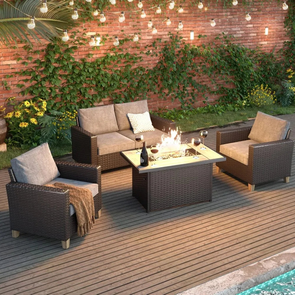 Outdoor Propane Fire Pit Table with Cover for Patio 43 Inch 50000 BTU Wicker Rectangle