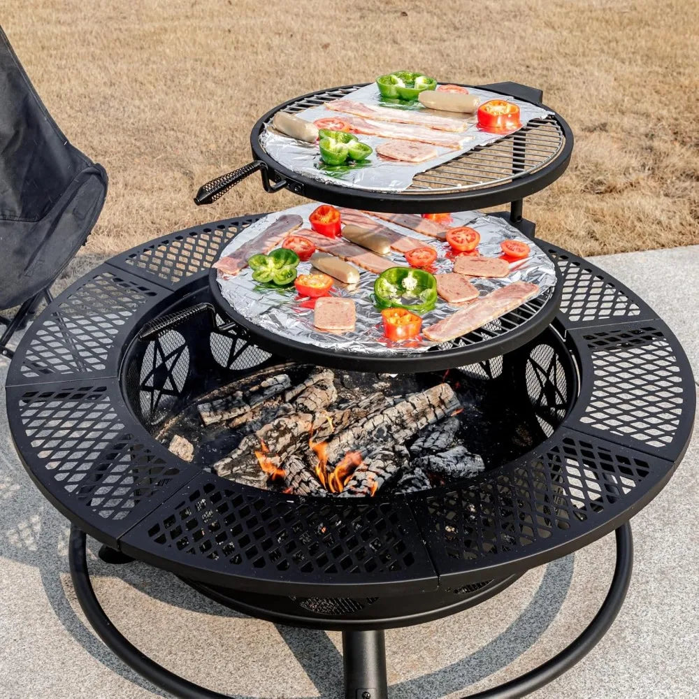 42 Inch Fire Pit with 2 Cooking Grills Heavy Duty Outdoor Fire Pit with Lid and Poker