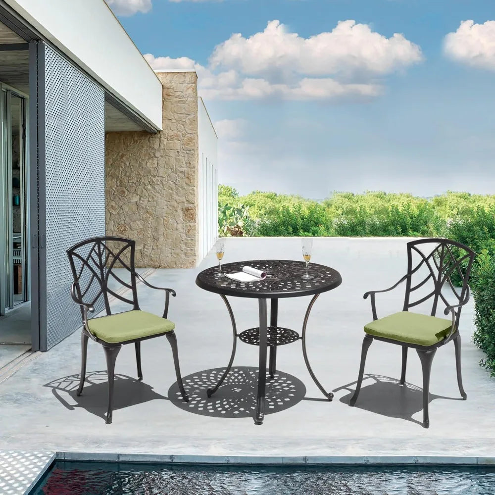 Bistro Set 3 Piece Outdoor All Weather Cast Aluminum Patio Bistro Set Patio Table and Chairs Set of 2 with Umbrella Hole and Gr