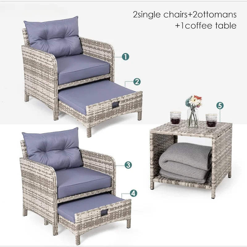 5 Pieces Wicker Patio Furniture Set Outdoor Patio Chairs with Ottomans Conversation Furniture with coffetable for Poorsi