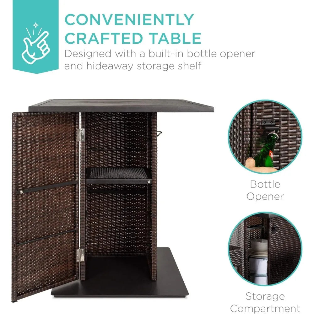 5 Piece Outdoor Wicker Bar Table Set for Patio Poolside and Backyard with Built in Bottle Opener Hidden Storage Shelf and Metal Table