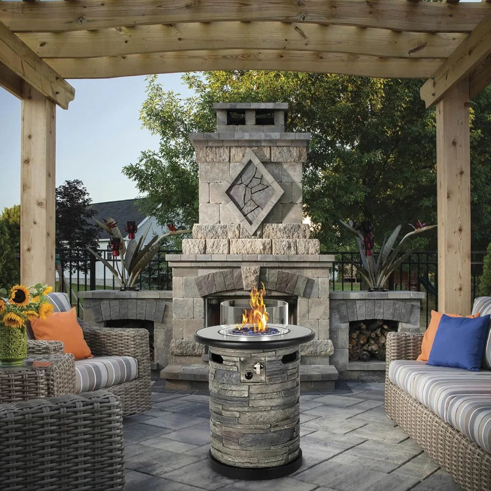 Outdoor Gas Propane Fire Pit Table Round Porcelain Tile Top 22 Inch Fire Bowl Column 40000 BTU Auto Ignition