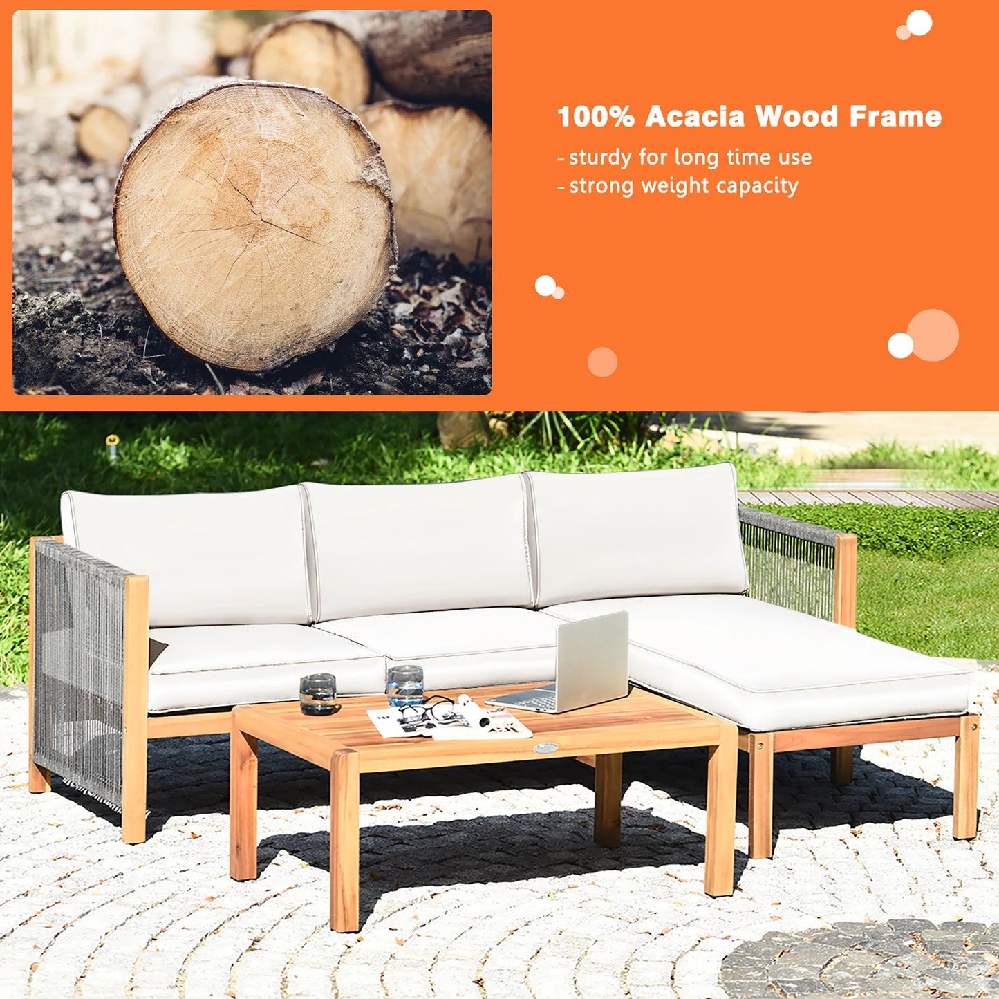 3PCS Patio Acacia Wood Sofa Furniture Set Thick Cushion W/Nylon Rope Armrest