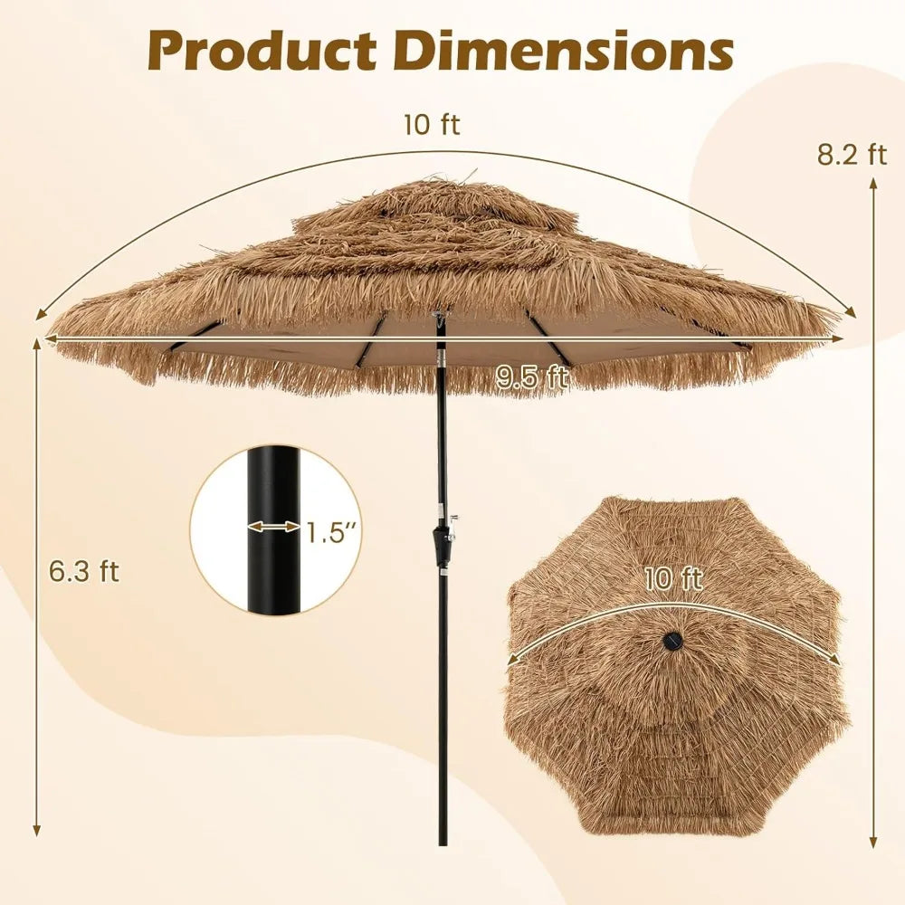 10 Ft Thatched Patio Umbrella Two Tier Hawaiian Style Grass Beach Umbrella with 32 LED Lights Center Light Solar Tiki Umbrella