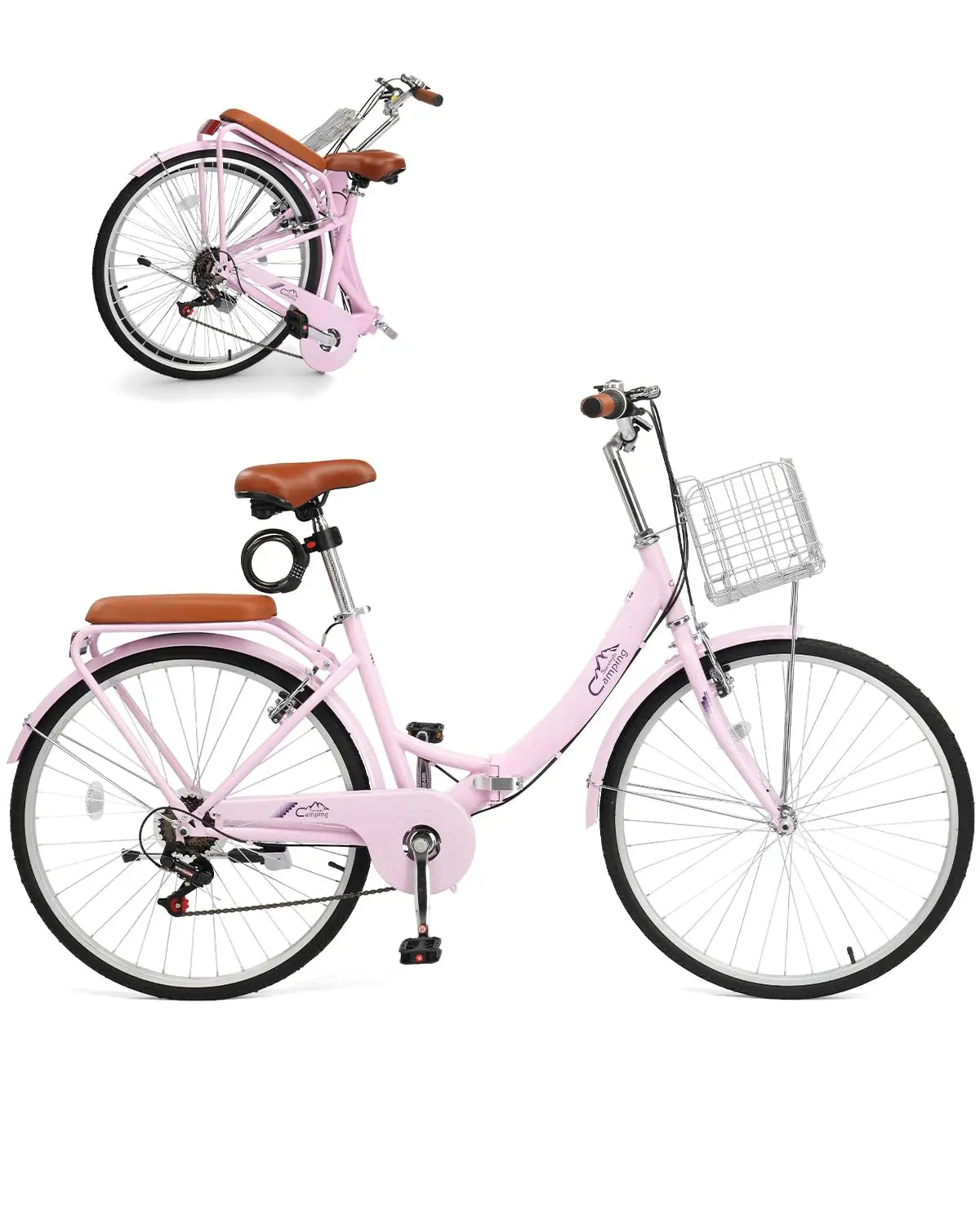 Foldable 24 26 Inches Bike 7 Speed Beach Cruiser With Lock Back Seat Basket