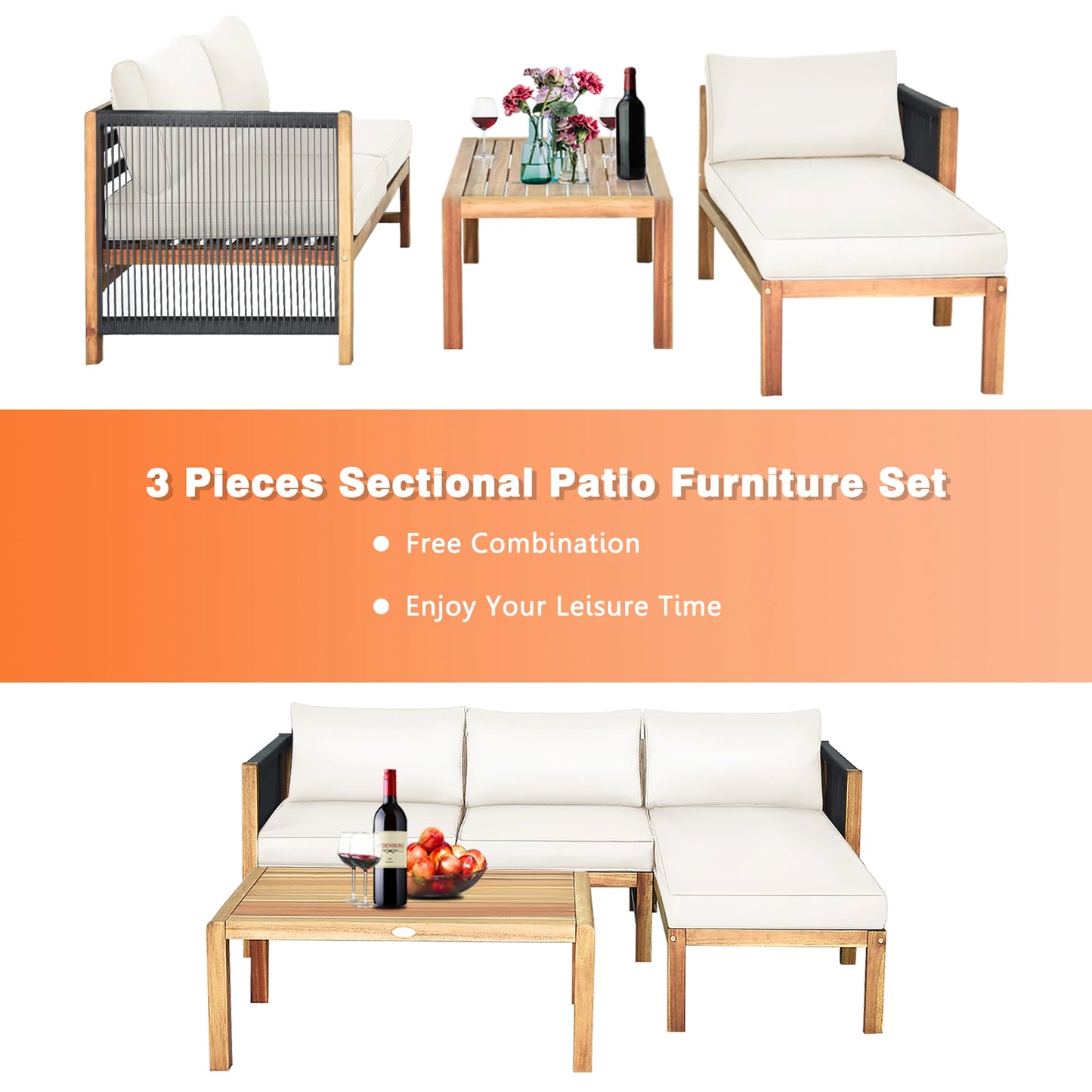 3PCS Patio Acacia Wood Sofa Furniture Set Thick Cushion W/Nylon Rope Armrest