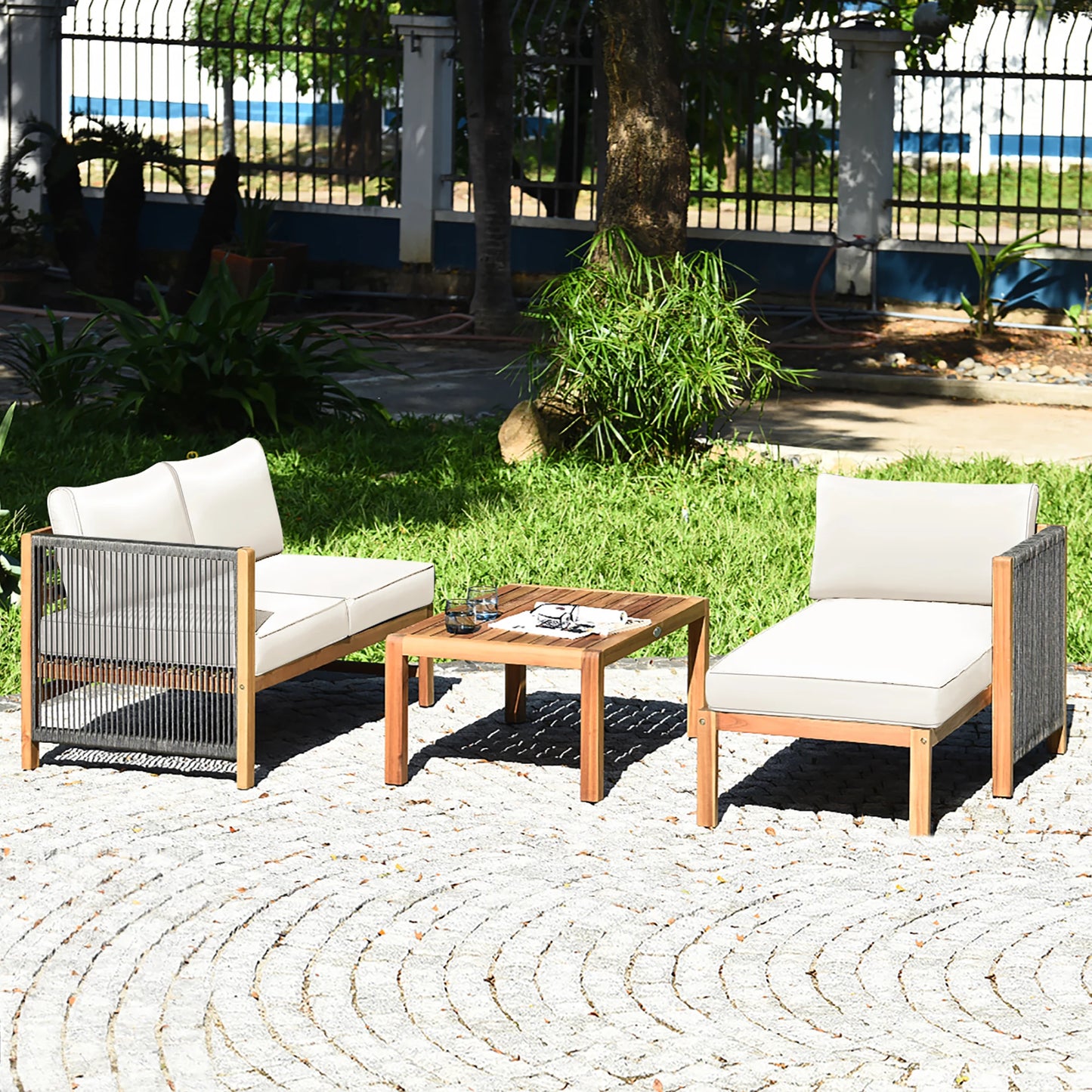 3PCS Patio Acacia Wood Sofa Furniture Set Thick Cushion W/Nylon Rope Armrest