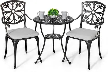 Bistro Set 3 Piece Outdoor All Weather Cast Aluminum Patio Bistro Set Patio Table and Chairs Set of 2 with Umbrella Hole and Gr
