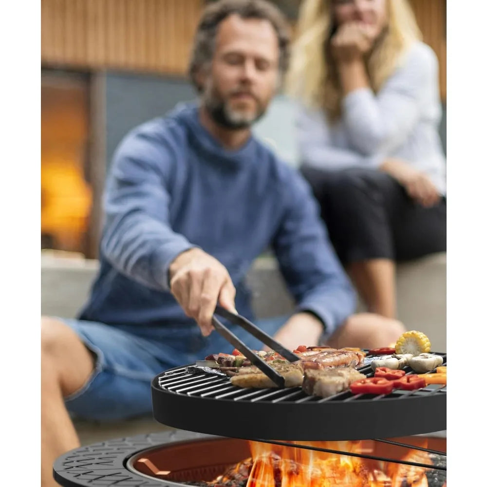 43 Inch Fire Pit with BBQ Grill and Lid Poker Extra Large Heavy Duty Wood Burning Fire Pit for Outdoor Use