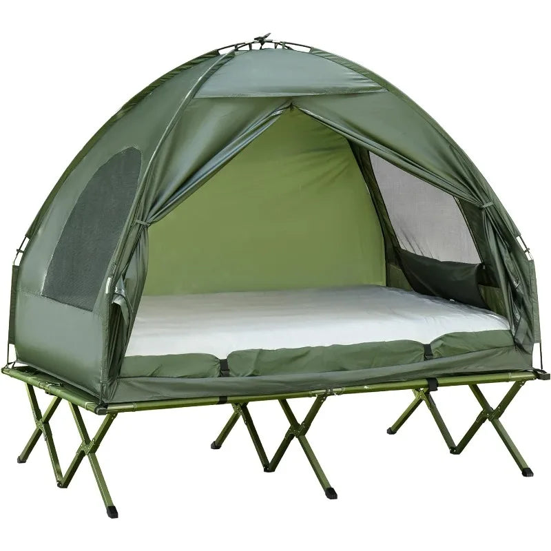 Outsunny 2 Person Foldable Camping Cot with Tent Bedspread and Thick Air Mattress 4 in 1 Elevated Camping Bed Tent