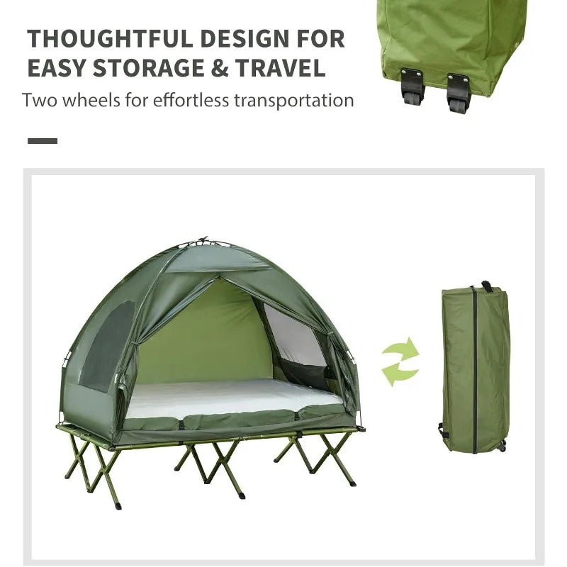 Outsunny 2 Person Foldable Camping Cot with Tent Bedspread and Thick Air Mattress 4 in 1 Elevated Camping Bed Tent
