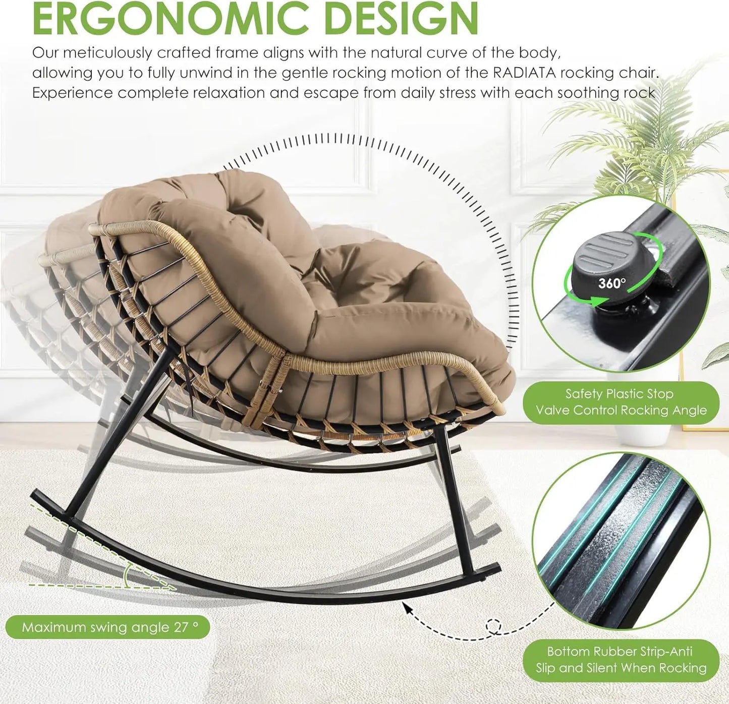 Rocking Egg Chair Indoor Outdoor Oversized Lounge Chair Wicker Papasan Rocker with Water Resistant Cushion Cover Dark Grey 450