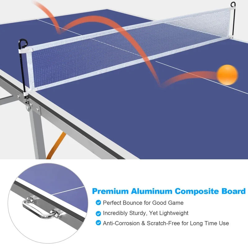 6 Foot Medium Foldable Table Tennis Table Set for Indoor and Outdoor Games with Net 2 Table Tennis Paddles and 3 Balls