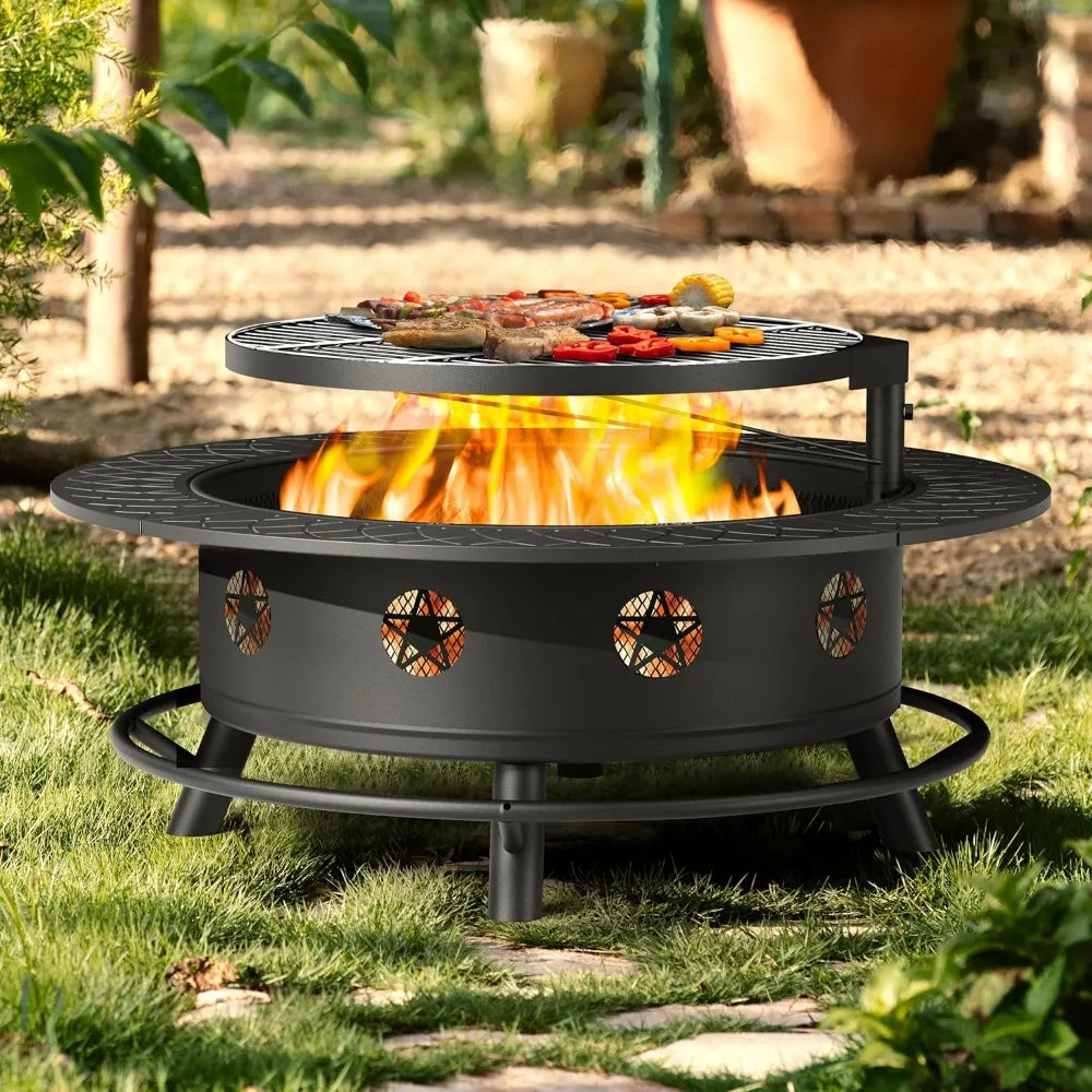 43 Inch Fire Pit with BBQ Grill and Lid Poker Extra Large Heavy Duty Wood Burning Fire Pit for Outdoor Use
