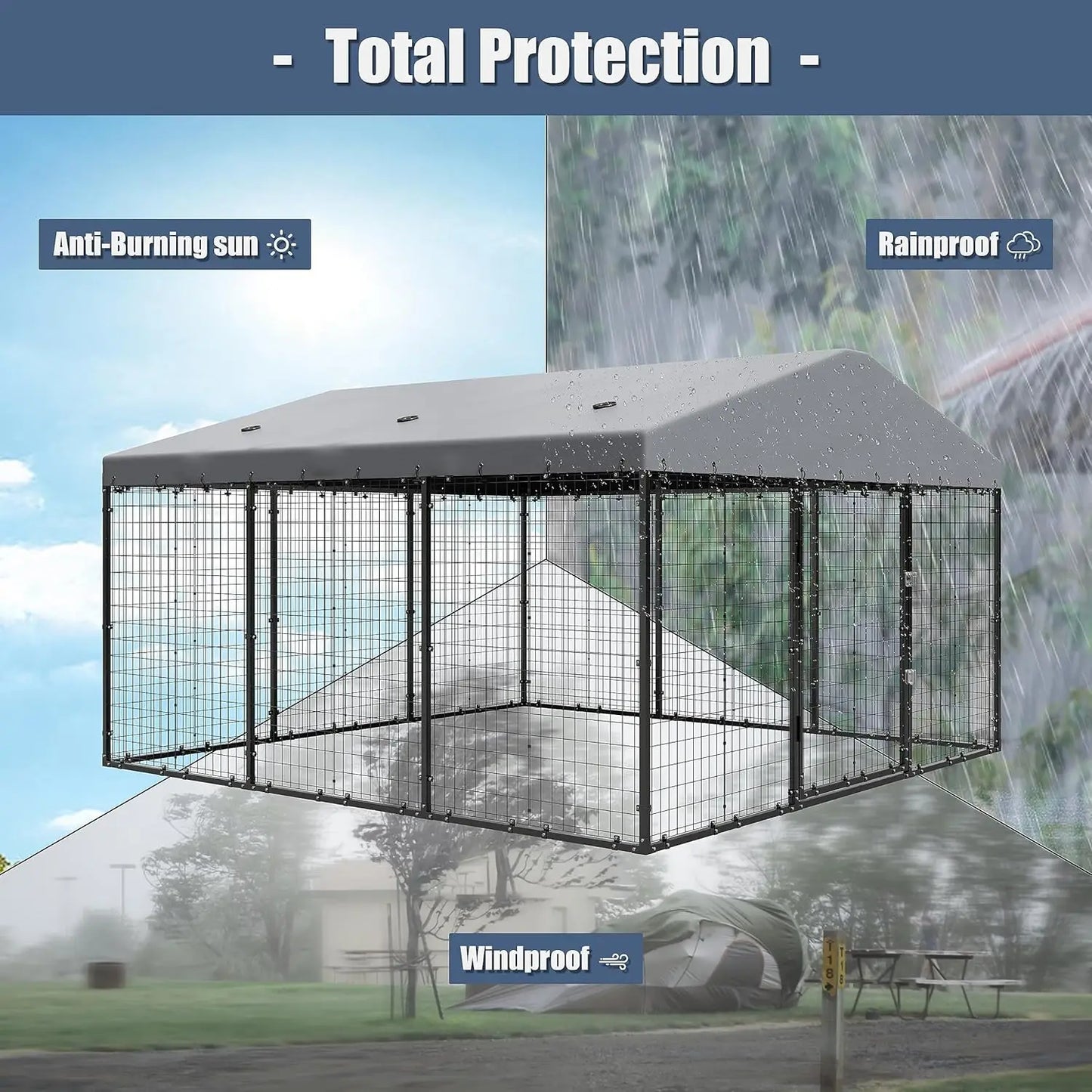 Outdoor Heavy Dog Cage for Big Dogs Galvanized Steel Dog Fence Pen with Ground Nails and Double Safety Rotate Door Lock