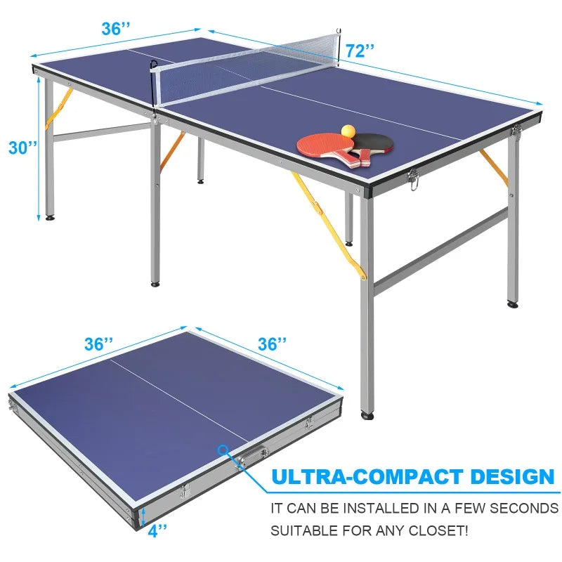 6 Foot Medium Foldable Table Tennis Table Set for Indoor and Outdoor Games with Net 2 Table Tennis Paddles and 3 Balls