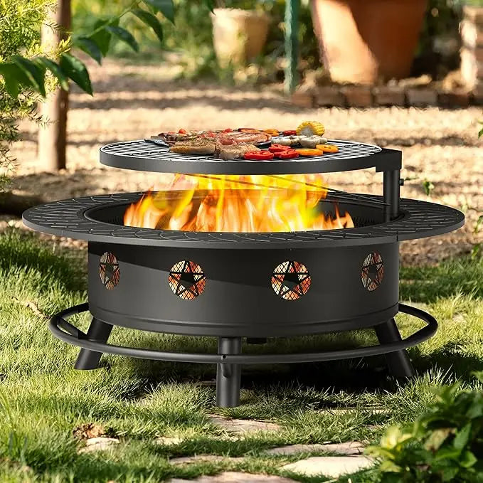 43 Inch Fire Pit with BBQ Grill and Lid Poker Extra Large Heavy Duty Wood Burning Fire Pit for Outdoor Use