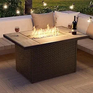 Outdoor Propane Fire Pit Table with Cover for Patio 43 Inch 50000 BTU Wicker Rectangle