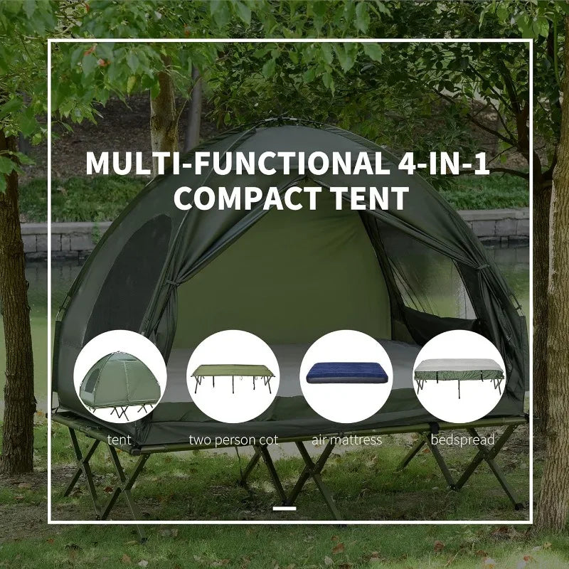 Outsunny 2 Person Foldable Camping Cot with Tent Bedspread and Thick Air Mattress 4 in 1 Elevated Camping Bed Tent