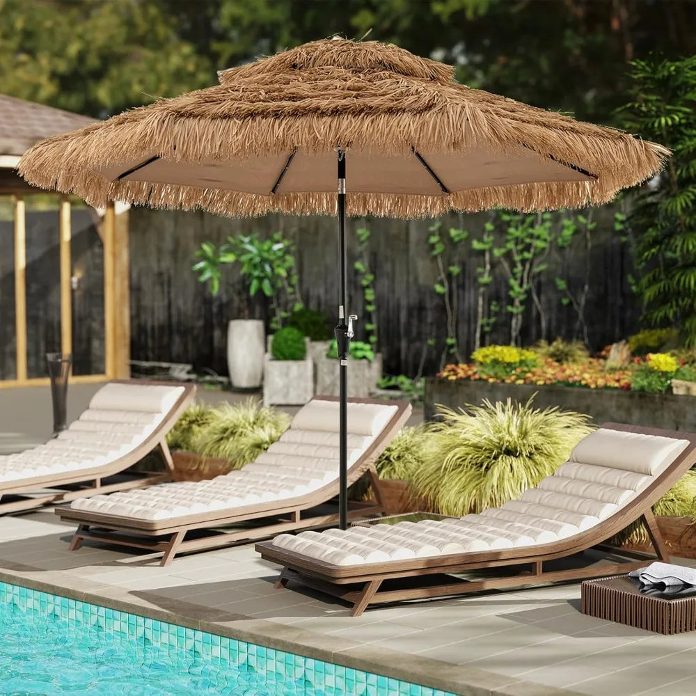 10 Ft Thatched Patio Umbrella Two Tier Hawaiian Style Grass Beach Umbrella with 32 LED Lights Center Light Solar Tiki Umbrella