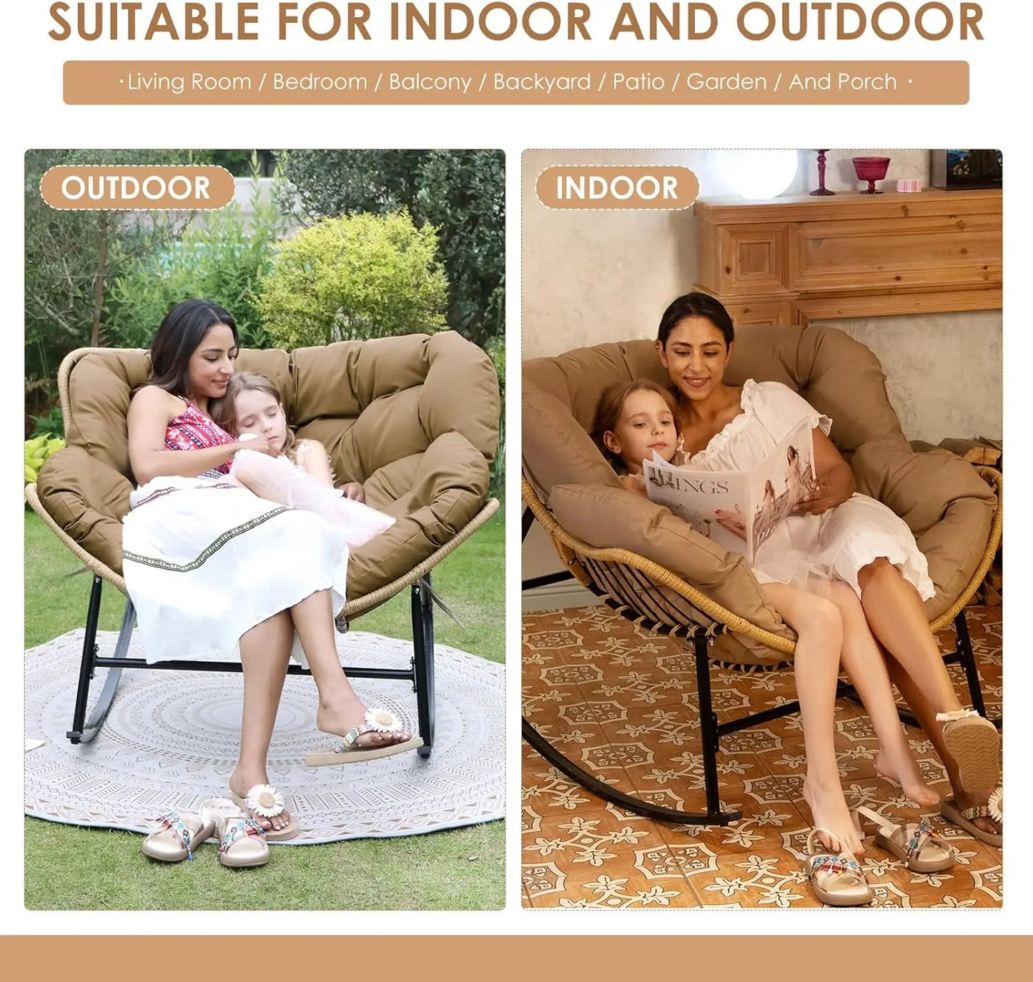 Rocking Egg Chair Indoor Outdoor Oversized Lounge Chair Wicker Papasan Rocker with Water Resistant Cushion Cover Dark Grey 450
