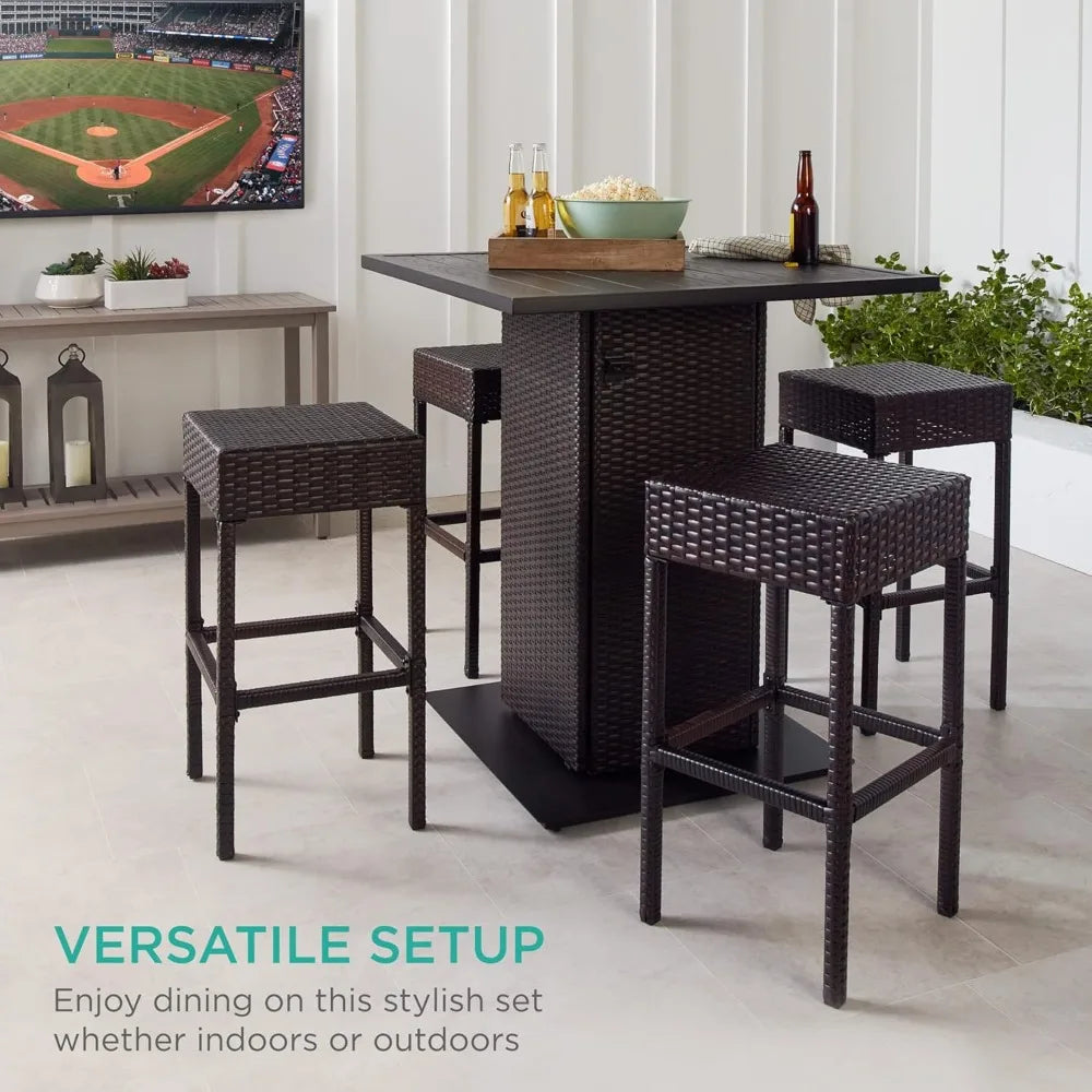 5 Piece Outdoor Wicker Bar Table Set for Patio Poolside and Backyard with Built in Bottle Opener Hidden Storage Shelf and Metal Table