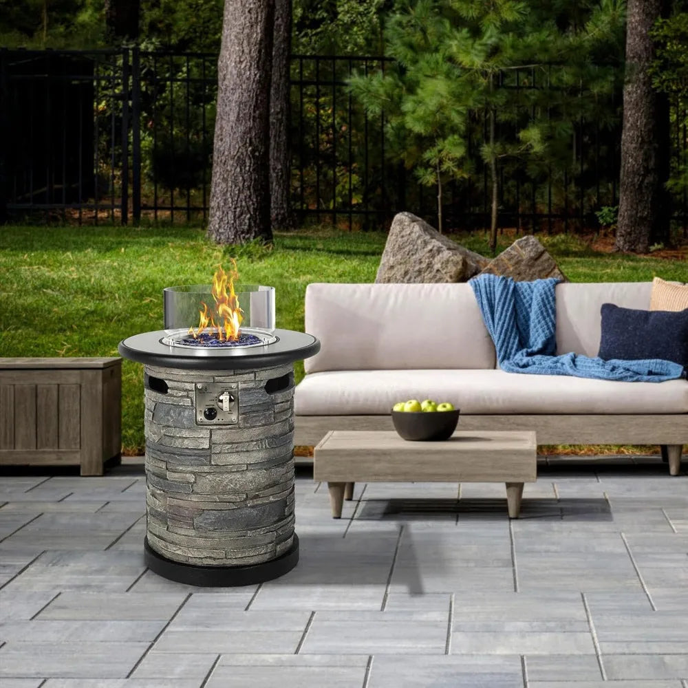 Outdoor Gas Propane Fire Pit Table Round Porcelain Tile Top 22 Inch Fire Bowl Column 40000 BTU Auto Ignition