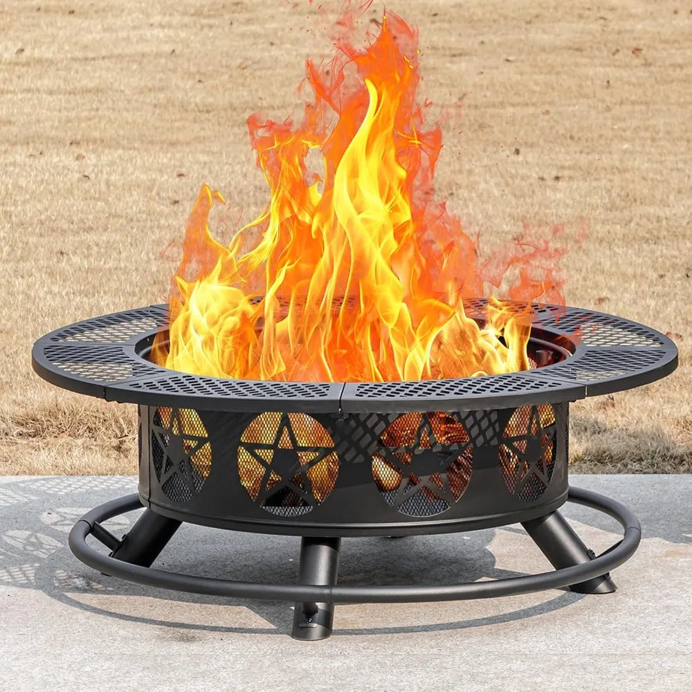 42 Inch Fire Pit with 2 Cooking Grills Heavy Duty Outdoor Fire Pit with Lid and Poker