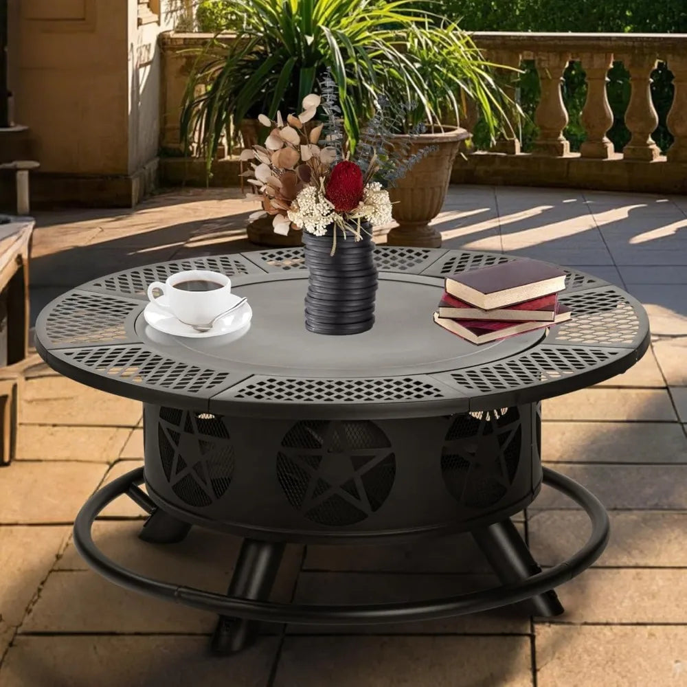 42 Inch Fire Pit with 2 Cooking Grills Heavy Duty Outdoor Fire Pit with Lid and Poker
