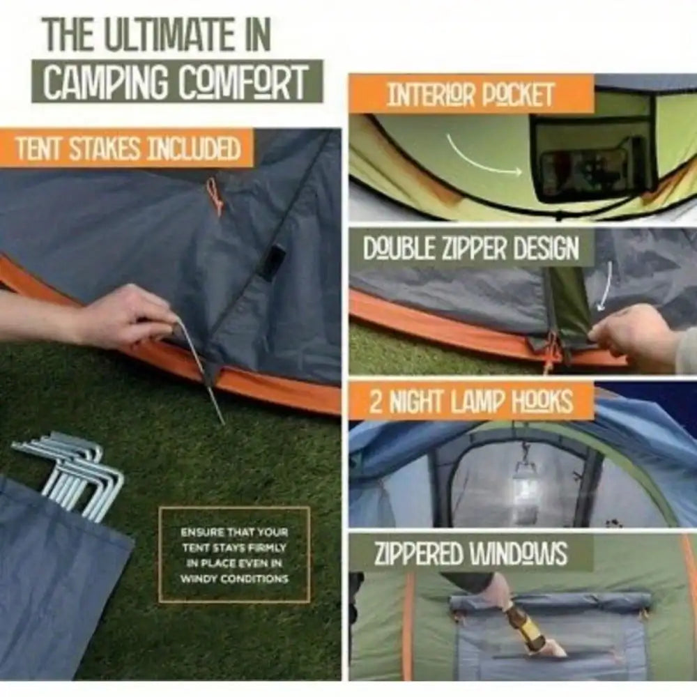 Camping Tent 4 Person Easy Pop Up Tent with 2 Doors UPF50+ Waterproof Double Layer Synthetic Fibres