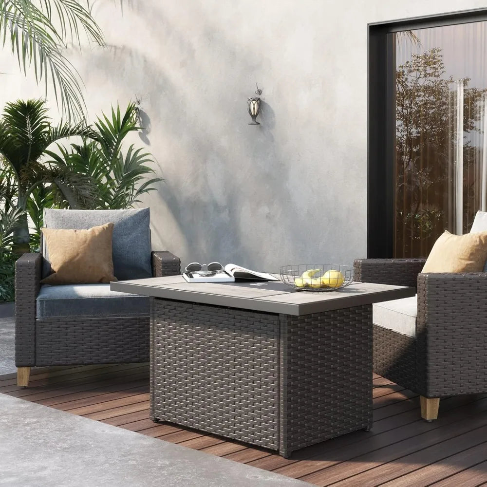 Outdoor Propane Fire Pit Table with Cover for Patio 43 Inch 50000 BTU Wicker Rectangle